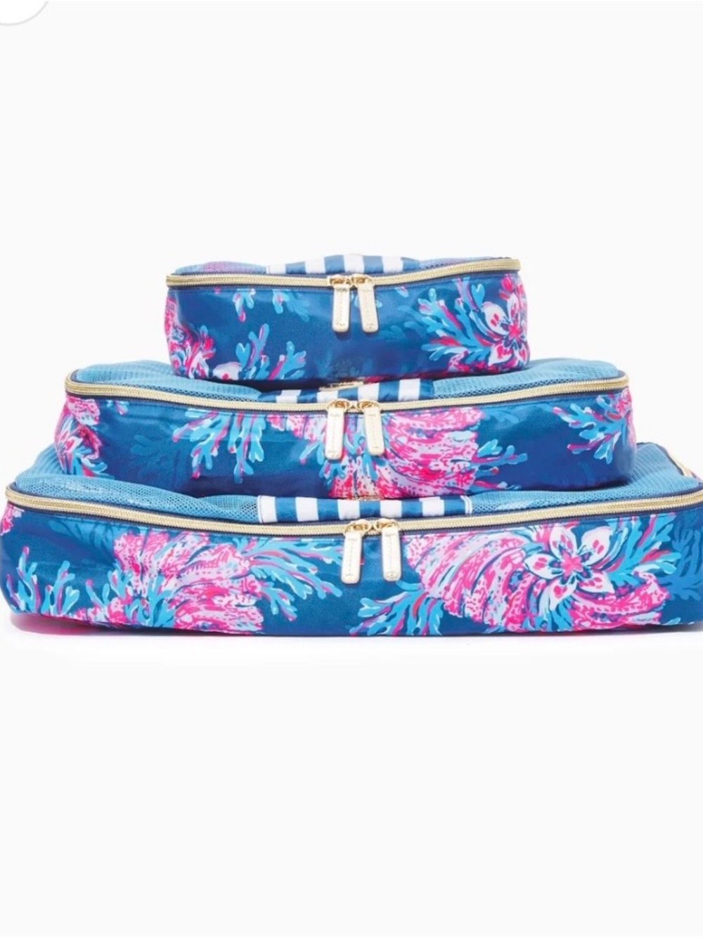 Lilly Pulitzer Blue and Pink Luxletic For the Fans Packing Cube Set of 3